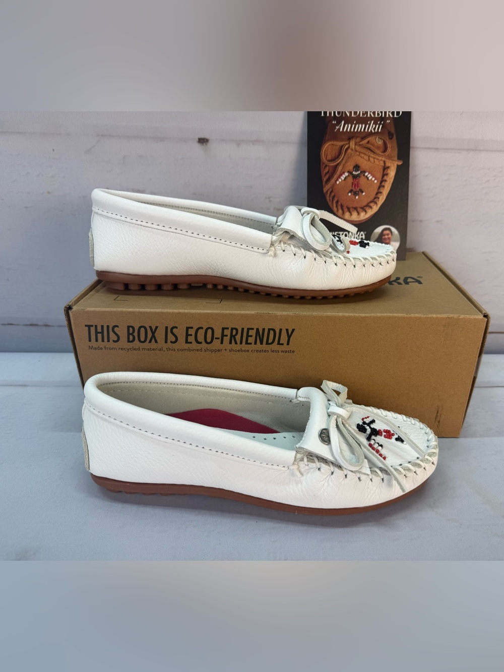 Minnetonka White Beaded Leather Moccasins with Brown Sole